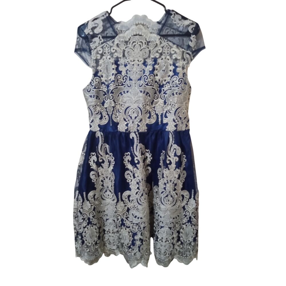 Women's Blue Lace Metallic Gold Embroidered Formal Cocktail Dinner Party Dress - Picture 3 of 13